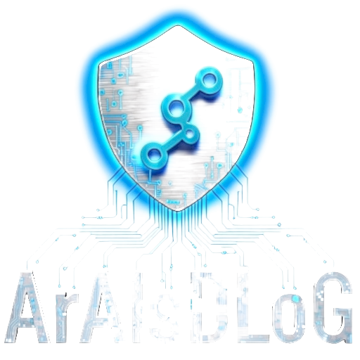 ArAIsDLOG trade mark application logo: silver shield, circuitry and connected control nodes